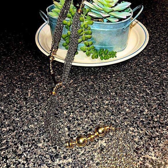 STELLA & DOT "Bianca" Lariat Gold & Bronze Tone Tassel Necklace 32" Front Hook - Picture 2 of 12